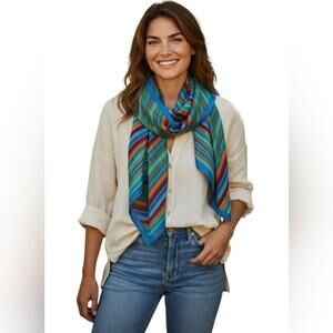 Oscar de la Renta Vibrant Striped 100% Cotton Rolled Edge Scarf